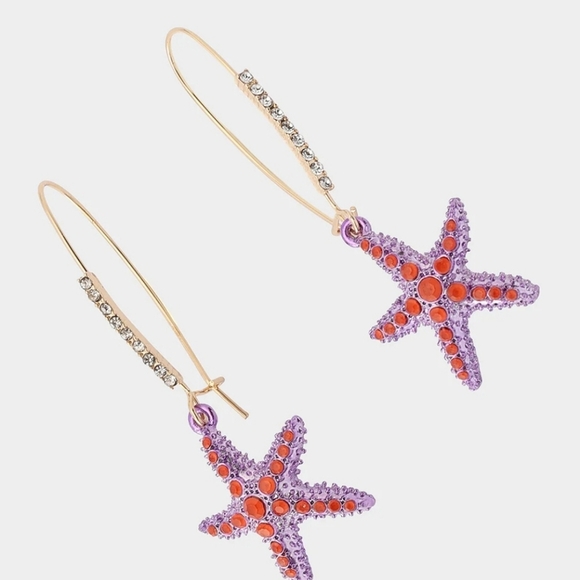 🔹️Betsey Johnson 🔹Mermaid Jewels Starfish Dangle Shepherd Hook Purple Earrings - Picture 4 of 5
